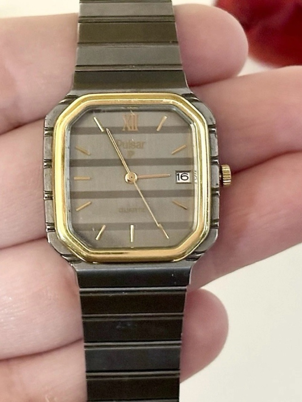 Women’s Vintage PULSAR Day/Date Gold Octagonal Black Steel Tank Watch WORKS!!